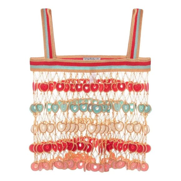 My Beachy Side x Emily In Paris Dancing Hearts Knit Crochet Tank Top Netting Red - Picture 1 of 16